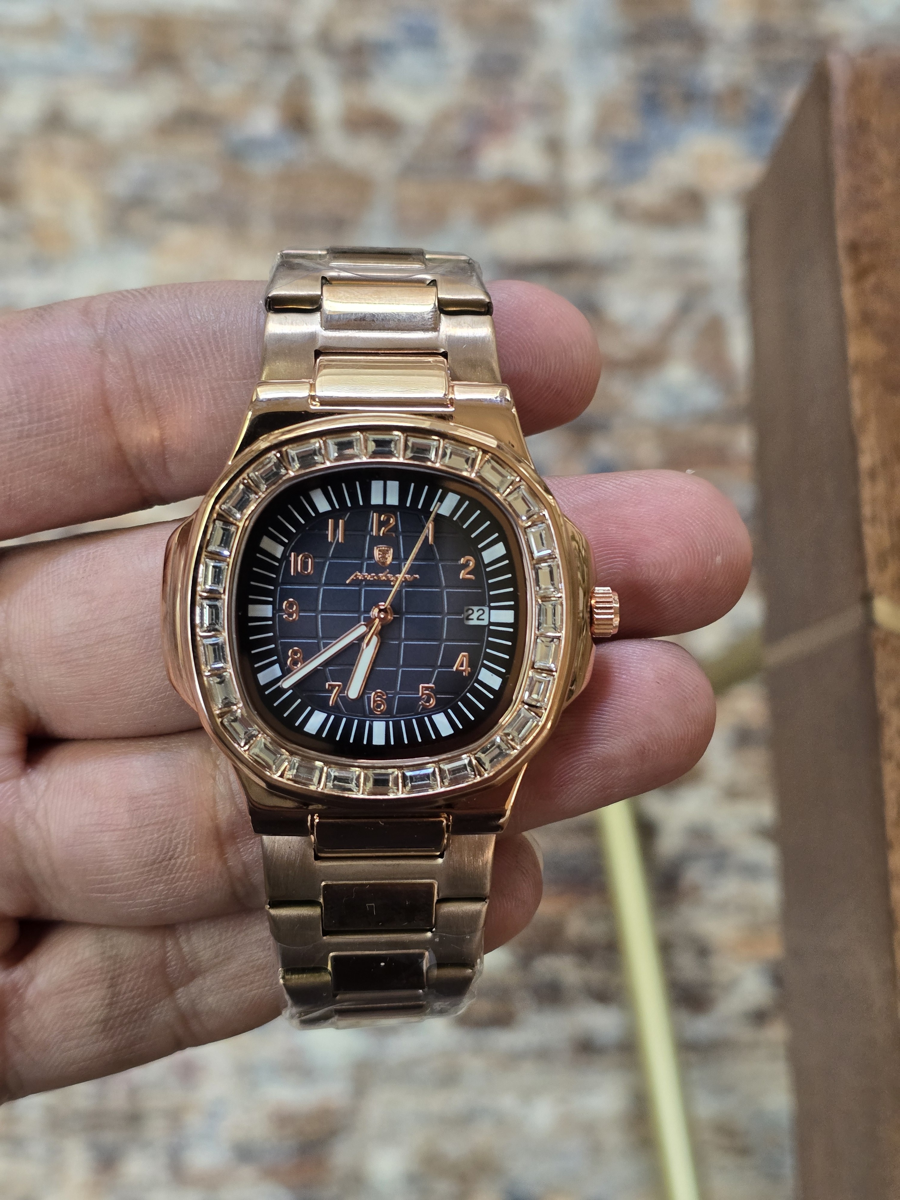 Rose Gold Mens Bracelet Watch With Black Dial